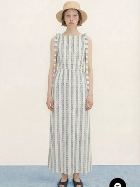 Sleeveless White Maxi Dress with Blue Stripe Detail